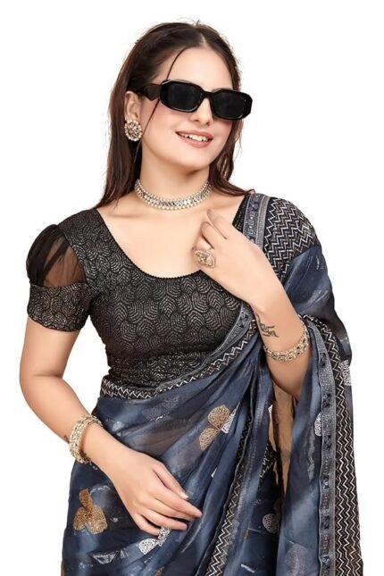 Round Neck Dobby Cotton Lycra Stretchable Elbow Half Sleeve Readymade Saree Blouse for Women Stylish